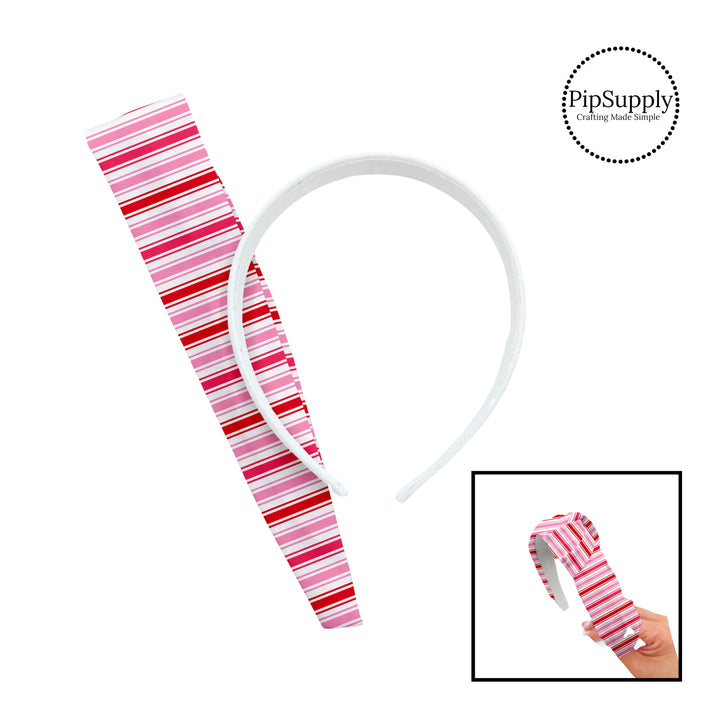 Pink and red thin and thick stripes on white knotted headband kit