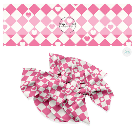 Pink and cream hearts on pink and cream checkered hair bow strips