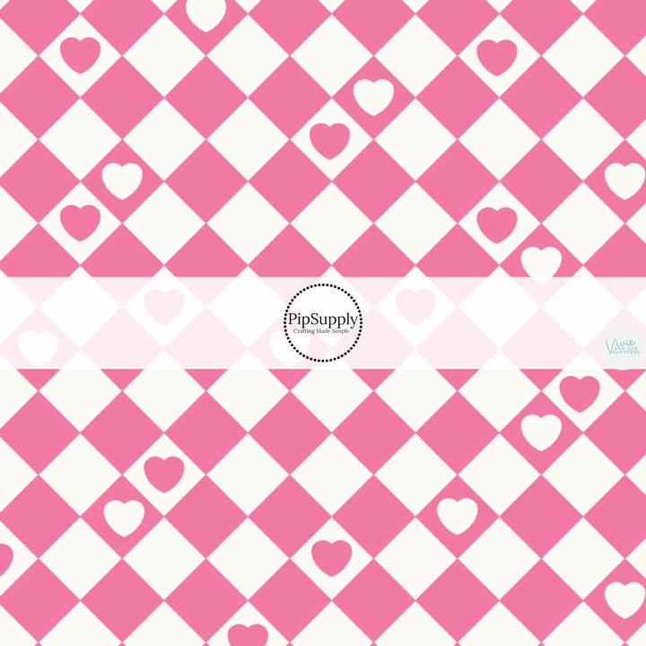 Pink and white checker with hearts hair bow strips