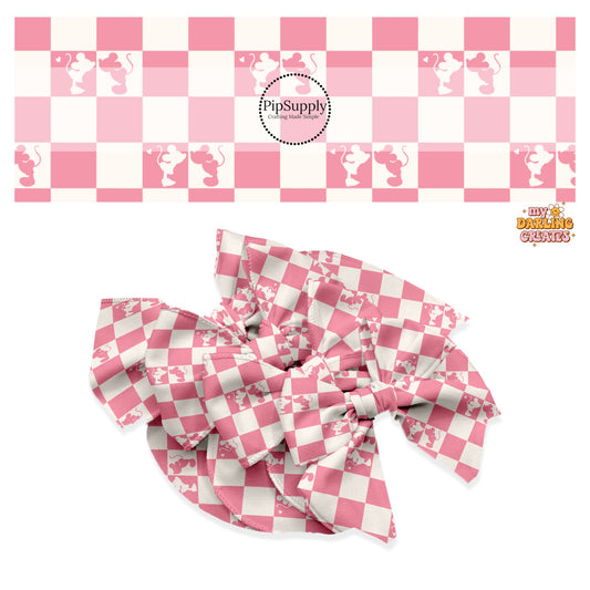 Mouse kisses on pink and cream checkered hair bow strips