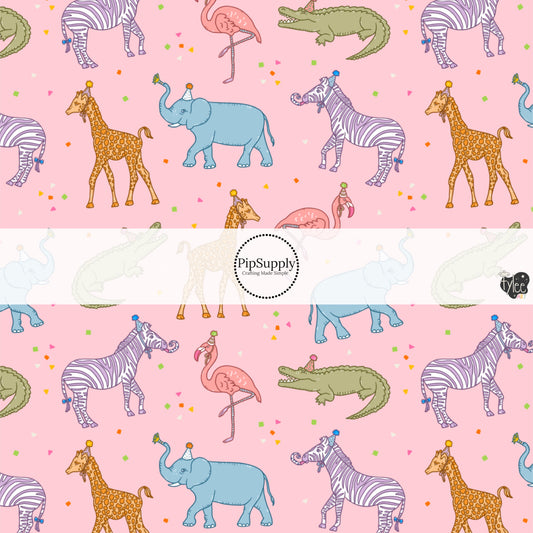 This celebration fabric by the yard features colorful animals with party hats on light pink. This fun themed fabric can be used for all your sewing and crafting needs!
