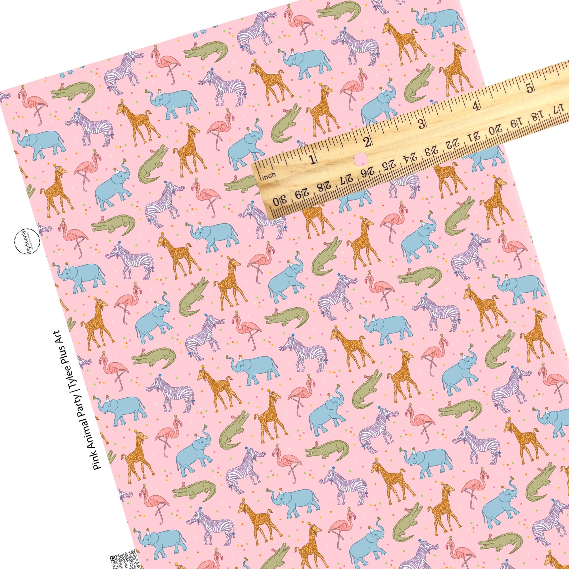 These celebration faux leather sheets contain the following design elements: colorful animals with party hats on light pink. Our CPSIA compliant faux leather sheets or rolls can be used for all types of crafting projects.