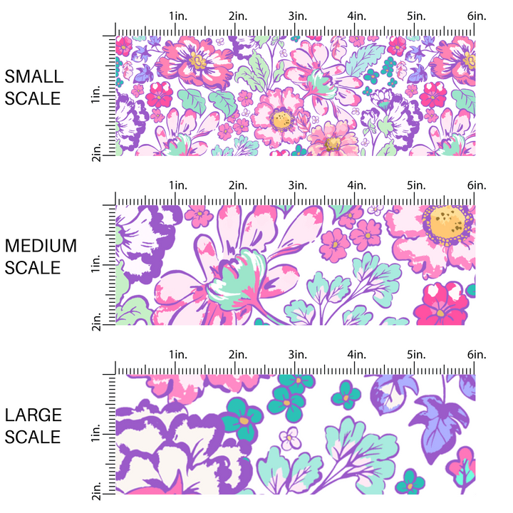 This scale chart of this small scale, medium scale, and large scale of these floral themed white fabric by the yard features hot pink, purple, aqua, and light pink flowers on white. This fun summer floral themed fabric can be used for all your sewing and crafting needs! 