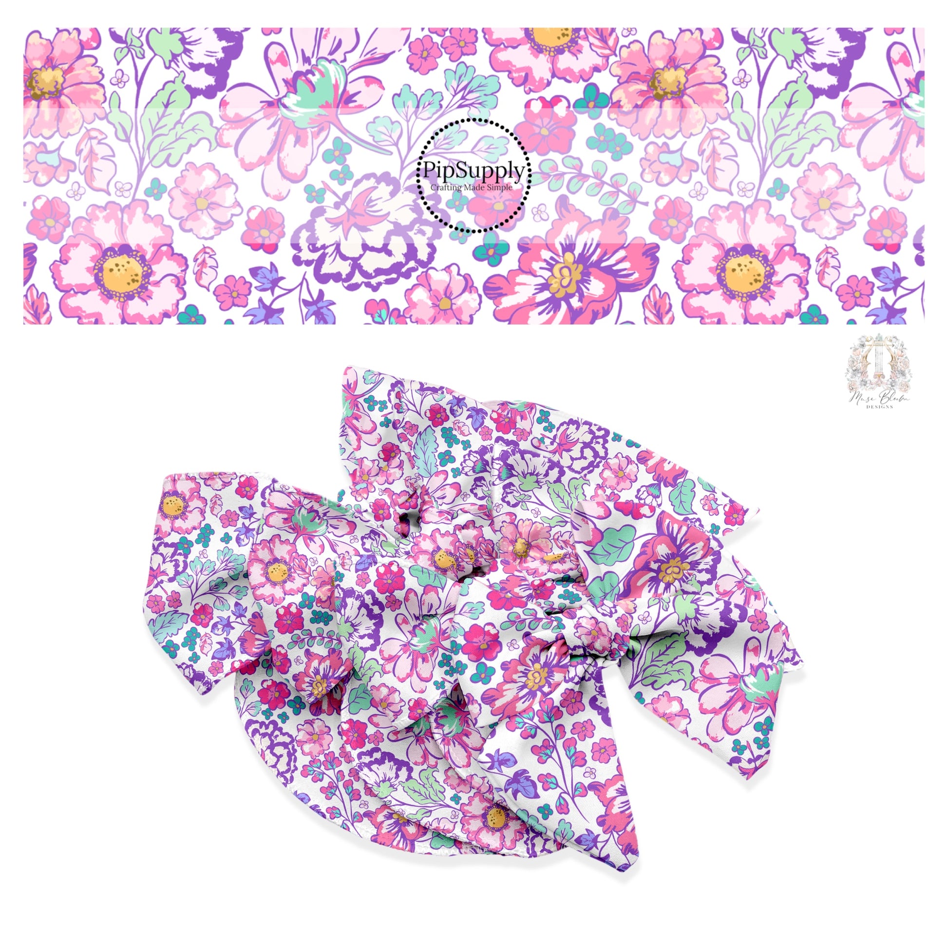 These floral themed white no sew bow strips can be easily tied and attached to a clip for a finished hair bow. These fun summer floral themed bow strips features hot pink, purple, aqua, and light pink flowers on white are great for personal use or to sell.