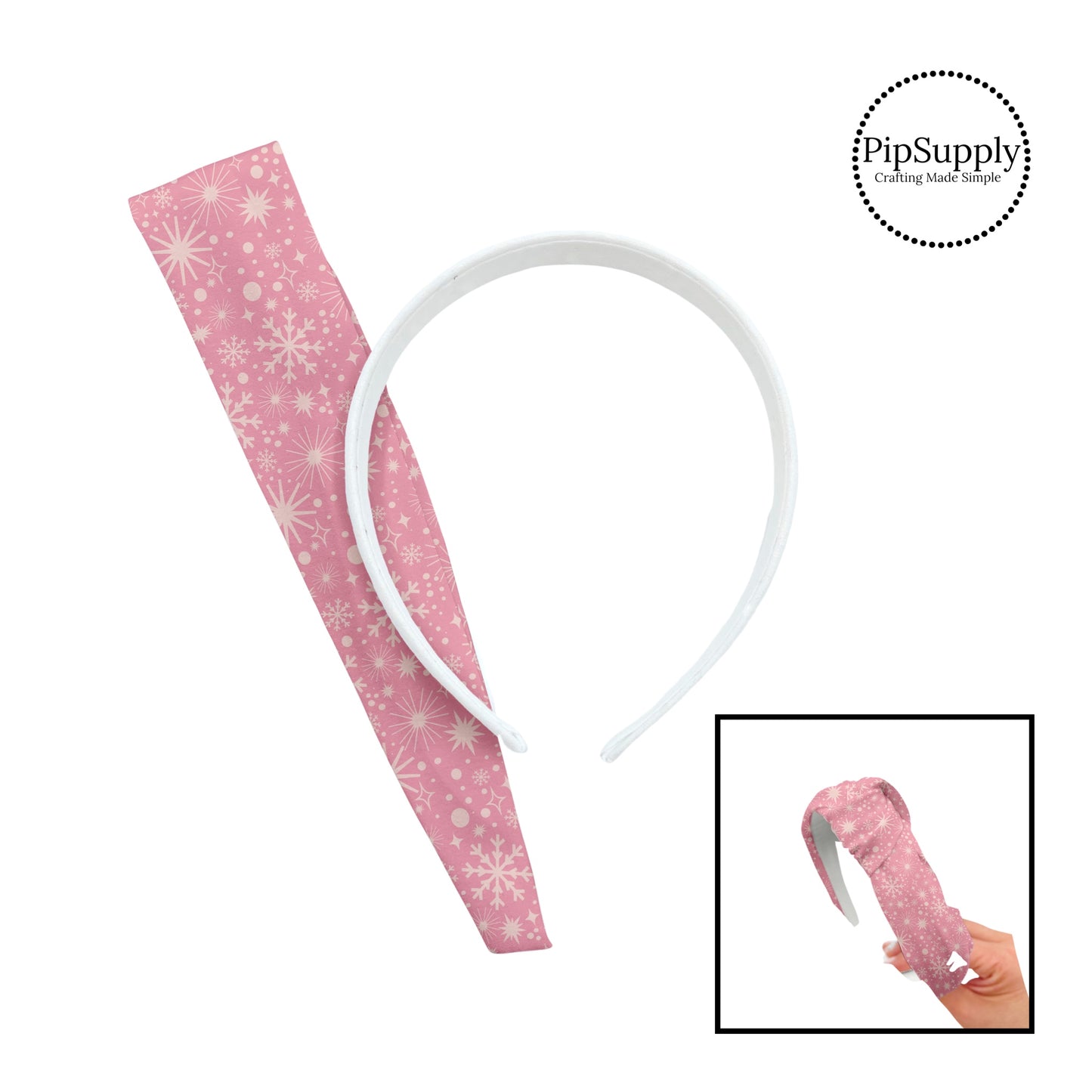 Light pink snowflakes on pink knotted headband kit
