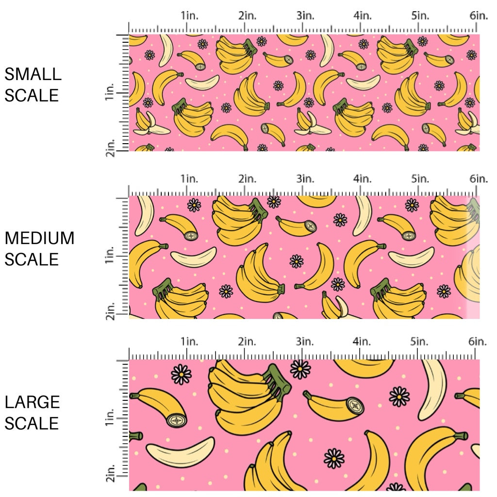 These fruit fabric by the yard features bananas surrounded tiny flowers on pink. This fun pattern fabric can be used for all your sewing and crafting needs!