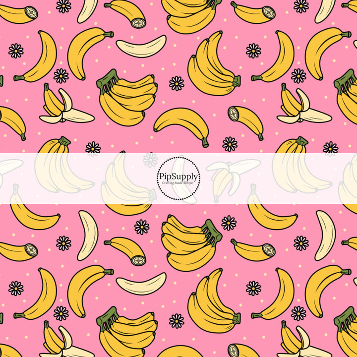 These fruit fabric by the yard features bananas surrounded tiny flowers on pink. This fun pattern fabric can be used for all your sewing and crafting needs!