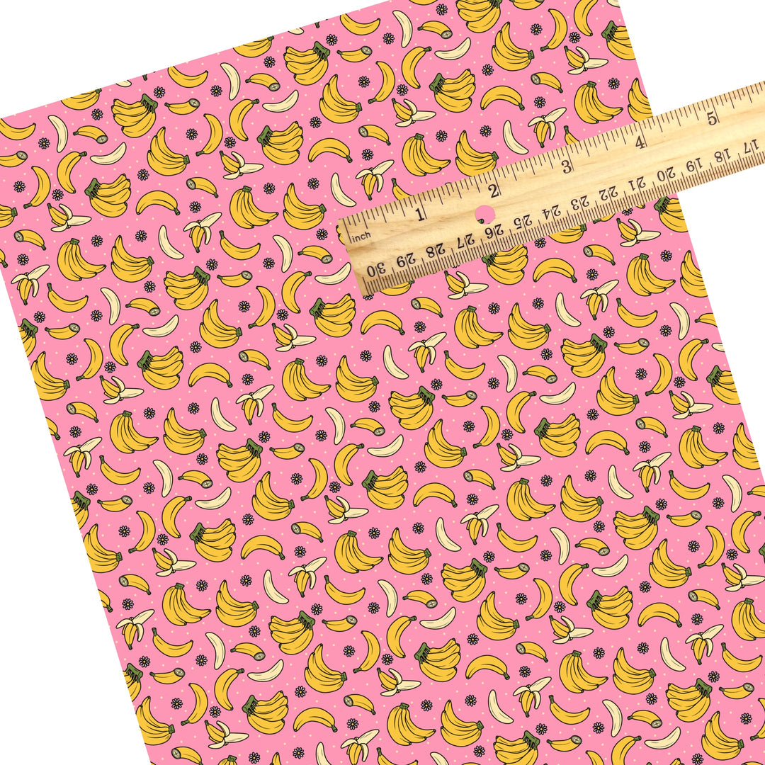 These fruit themed faux leather sheets contain the following design elements: bananas surrounded tiny flowers on pink. Our CPSIA compliant faux leather sheets or rolls can be used for all types of crafting projects.