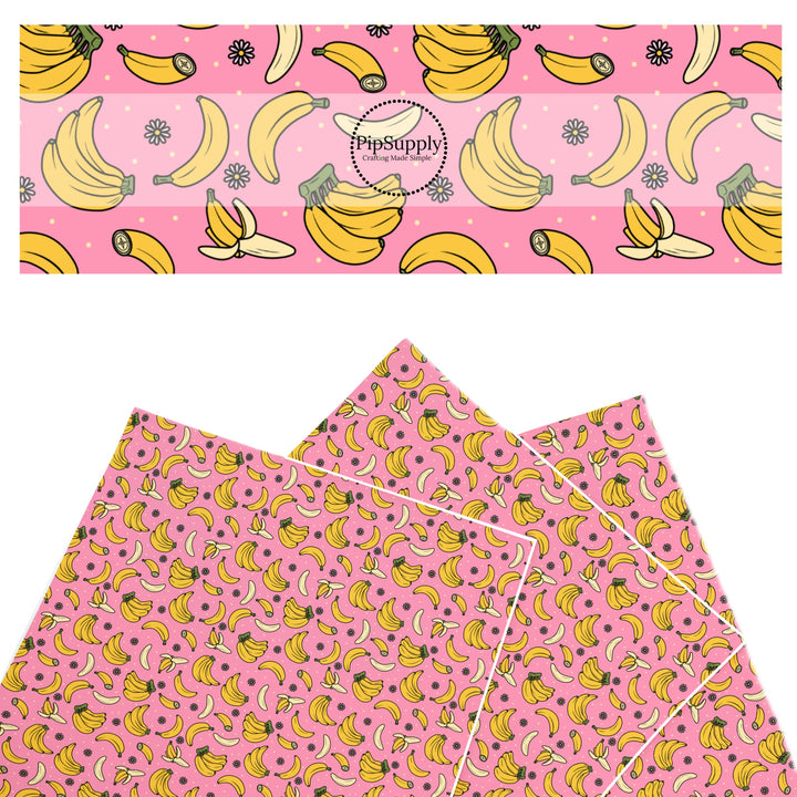 These fruit themed faux leather sheets contain the following design elements: bananas surrounded tiny flowers on pink. Our CPSIA compliant faux leather sheets or rolls can be used for all types of crafting projects.