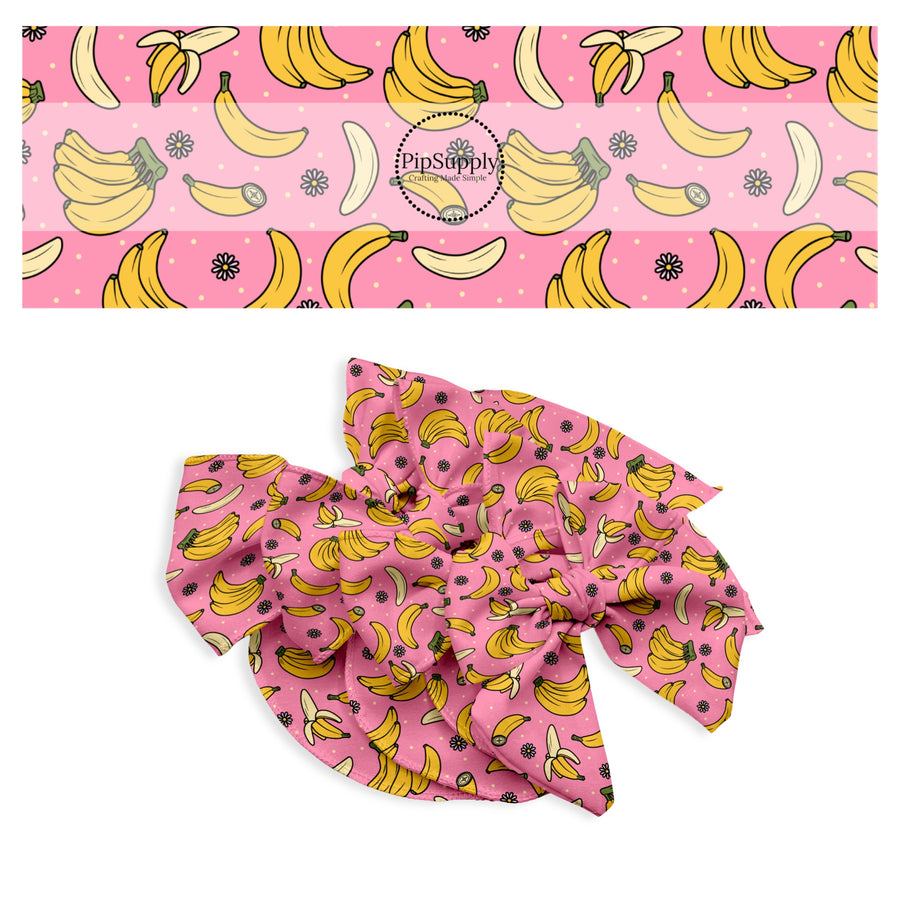 These fruit themed no sew bow strips can be easily tied and attached to a clip for a finished hair bow. These bow strips are great for personal use or to sell. These bow strips feature the following design elements: bananas surrounded tiny flowers on pink.