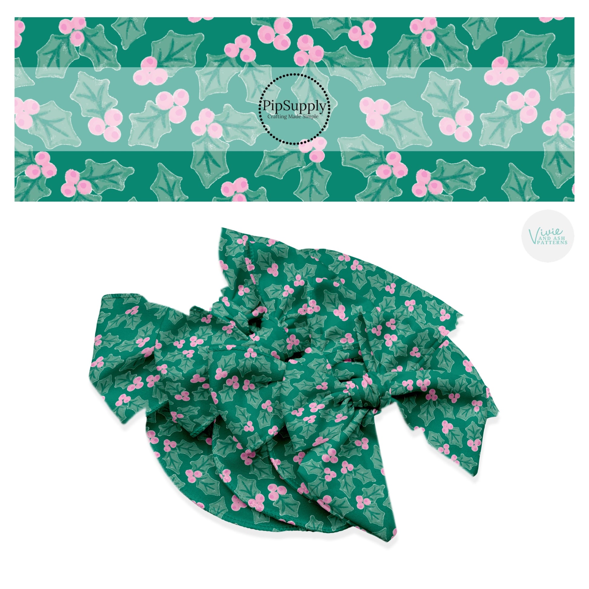 Pink berries with green holly leaves on green hair bow strips