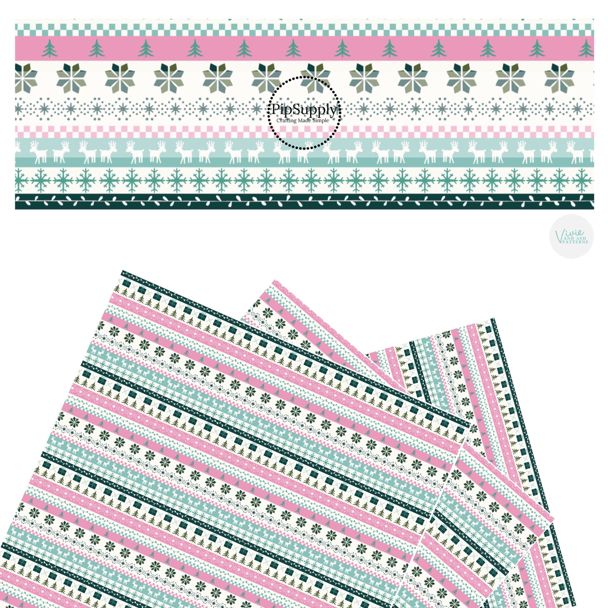 Snowflakes, deer, trees, lights, and checkered on stripe sweater pattern faux leather sheets