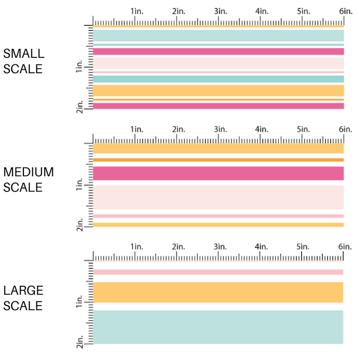 This scale chart of small scale, medium scale, and large scale of these stripe themed blue, orange, and pink fabric by the yard features white, pink, light pink, orange, and blue stripes. This fun summer stripe themed fabric can be used for all your sewing and crafting needs! 