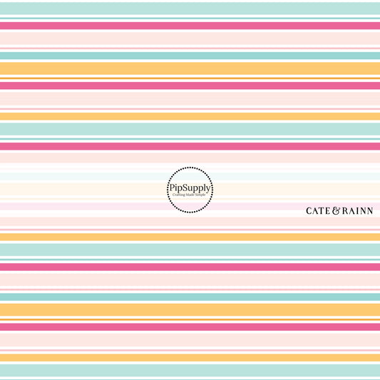These stripe themed blue, orange, and pink fabric by the yard features white, pink, light pink, orange, and blue stripes. This fun summer stripe themed fabric can be used for all your sewing and crafting needs! 
