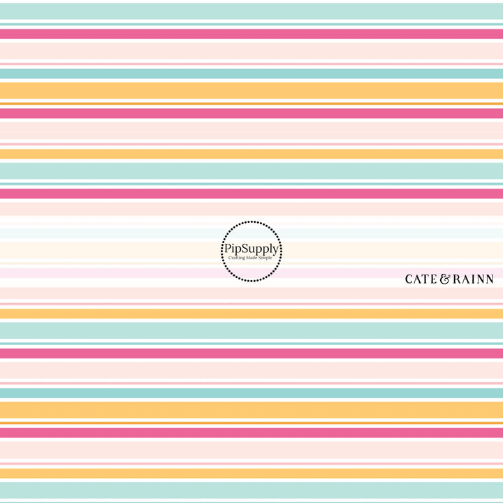 These stripe themed blue, orange, and pink fabric by the yard features white, pink, light pink, orange, and blue stripes. This fun summer stripe themed fabric can be used for all your sewing and crafting needs! 