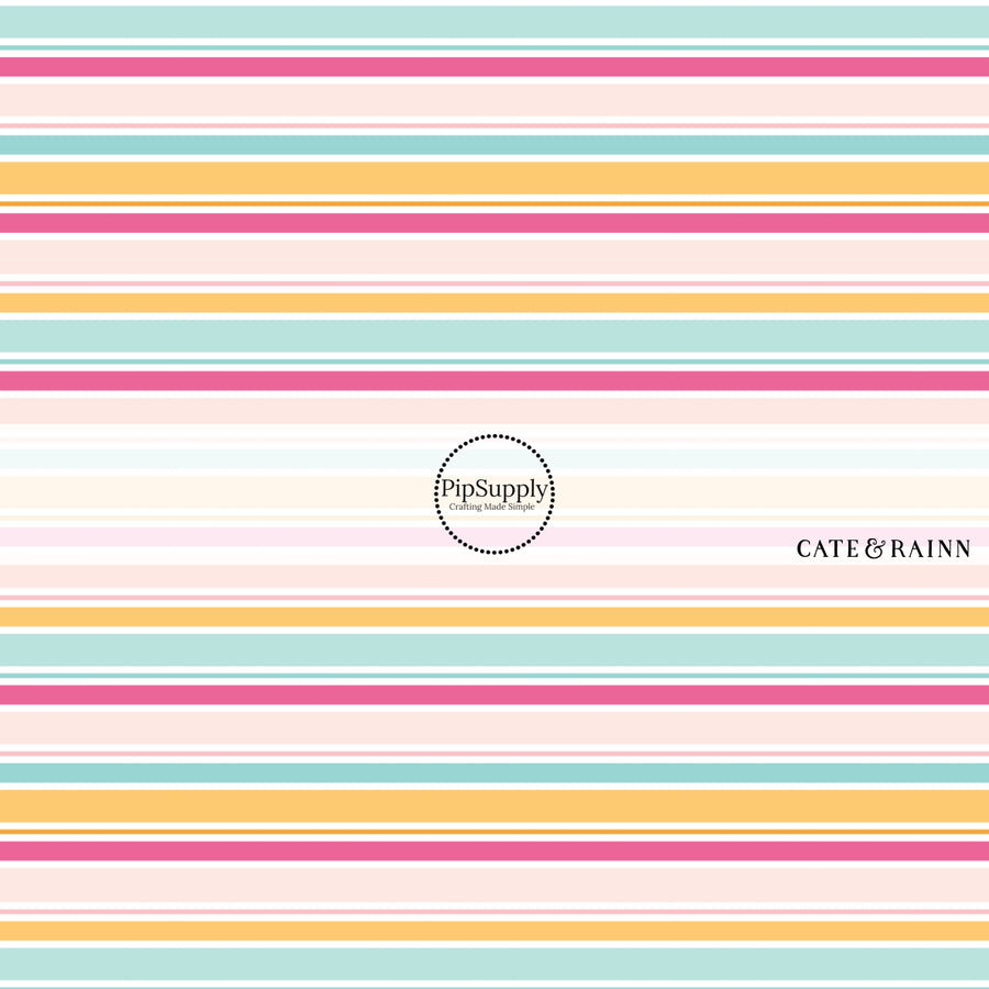 These stripe themed blue, orange, and pink fabric by the yard features white, pink, light pink, orange, and blue stripes. This fun summer stripe themed fabric can be used for all your sewing and crafting needs! 