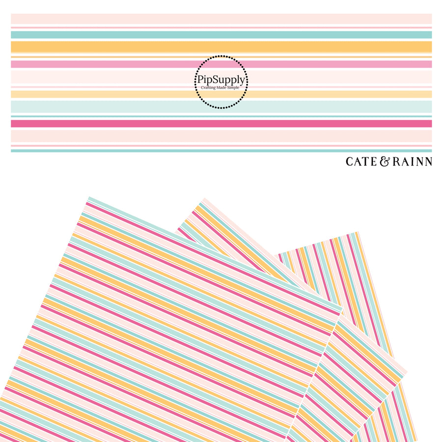 These stripe themed blue, orange, and pink faux leather sheets contain the following design elements: white, light pink, pink, orange, and blue stripes. Our CPSIA compliant faux leather sheets or rolls can be used for all types of crafting projects. 