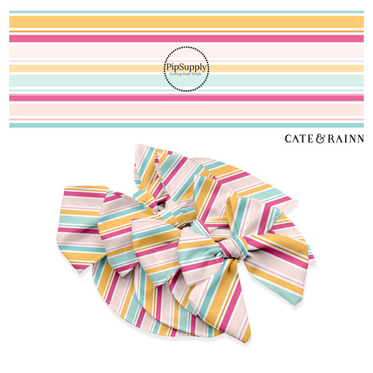 These stripe themed blue no sew bow strips can be easily tied and attached to a clip for a finished hair bow. These fun summer stripe themed bow strips features white, pink, light pink, orange, and blue stripes are great for personal use or to sell.