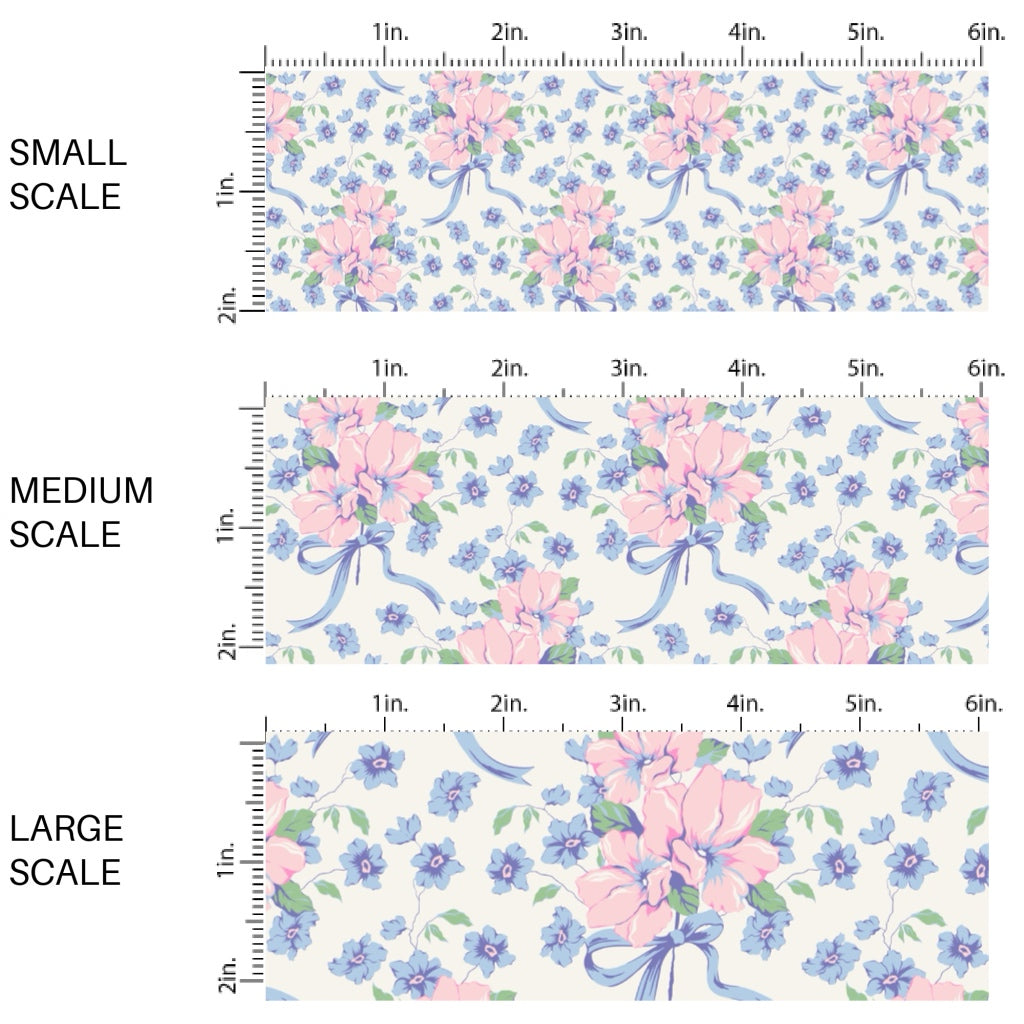 This spring floral themed fabric by the yard features blue and pink flowers with blue bows. This fun pattern fabric can be used for all your sewing and crafting needs!