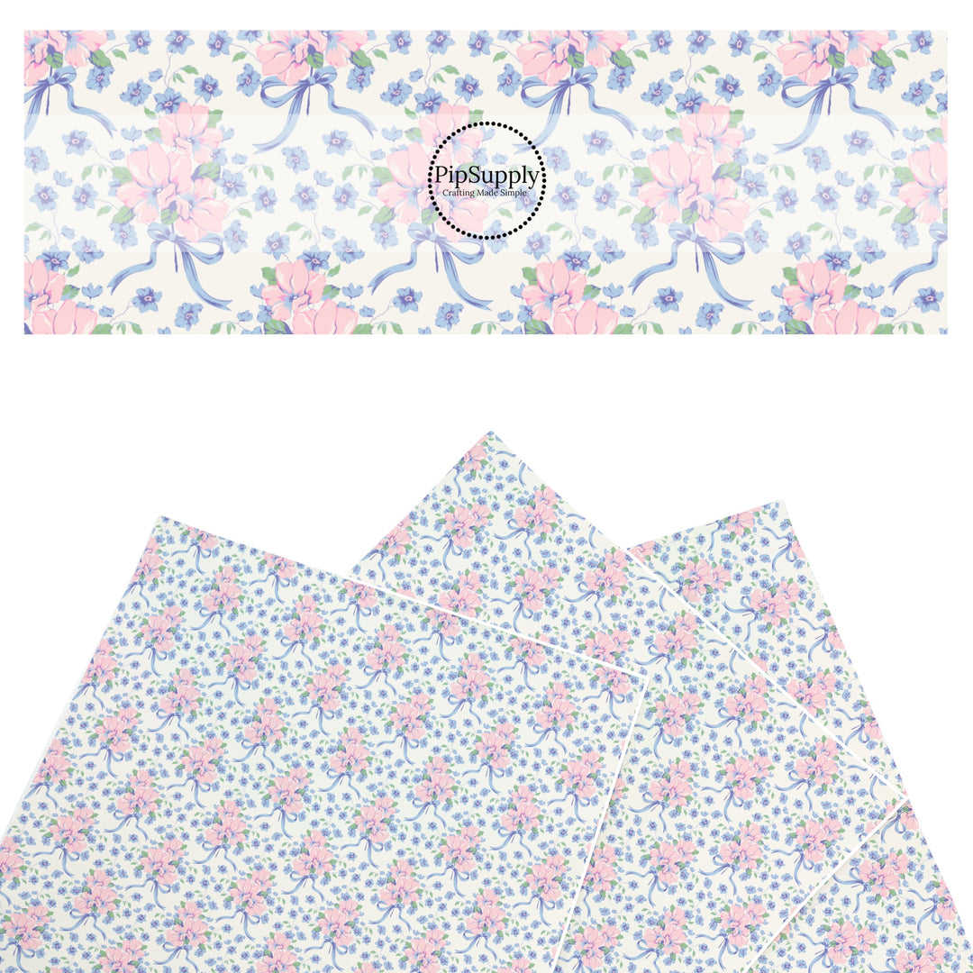 These spring floral themed faux leather sheets contain the following design elements: blue and pink flowers with blue bows. Our CPSIA compliant faux leather sheets or rolls can be used for all types of crafting projects.