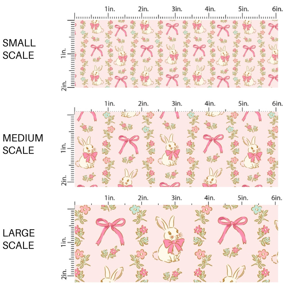 This Easter themed fabric by the yard features Easter bunnies, flowers, and bows on pink. This fun pattern fabric can be used for all your sewing and crafting needs!