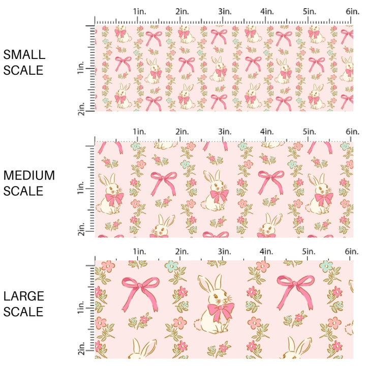 This Easter themed fabric by the yard features Easter bunnies, flowers, and bows on pink. This fun pattern fabric can be used for all your sewing and crafting needs!