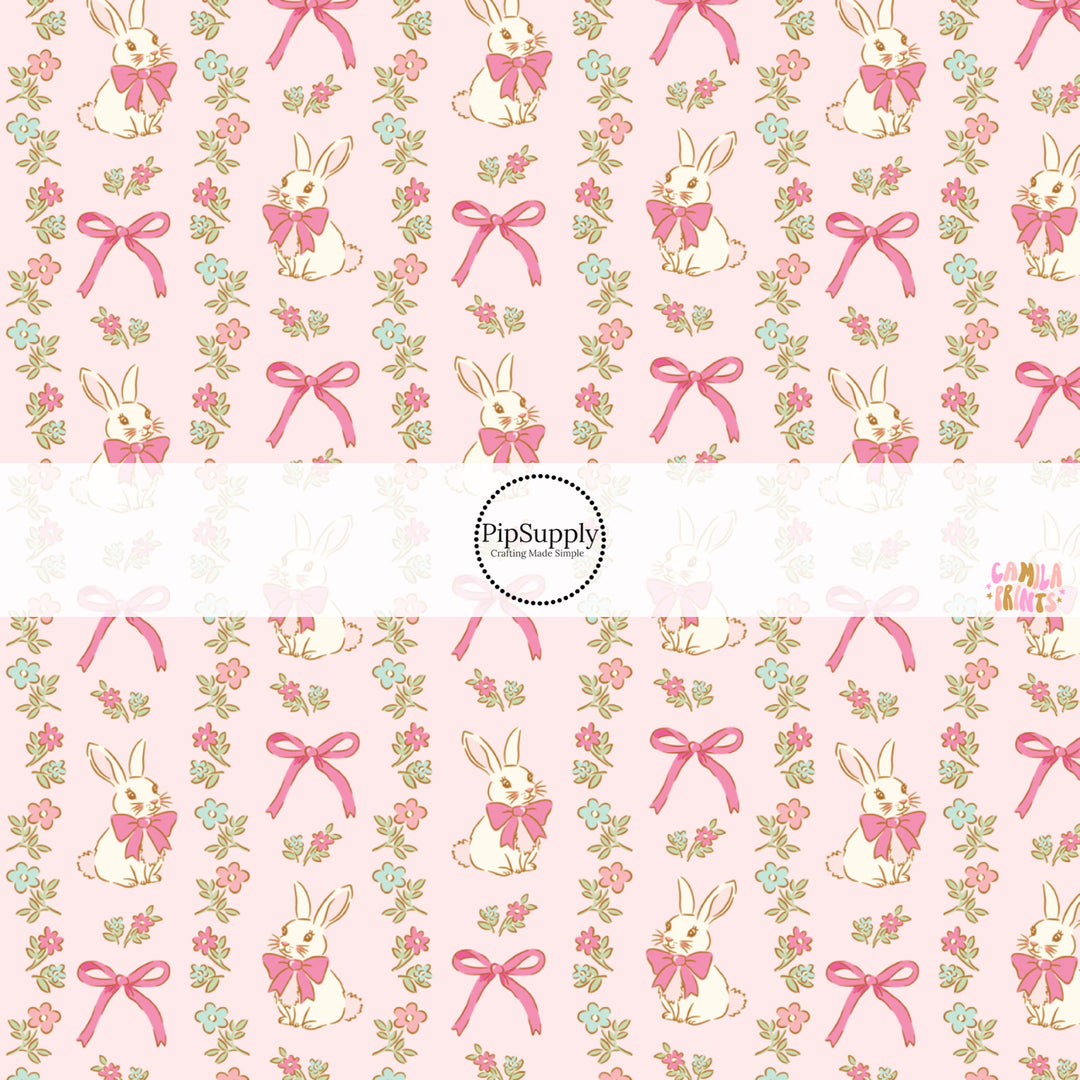 This Easter themed fabric by the yard features Easter bunnies, flowers, and bows on pink. This fun pattern fabric can be used for all your sewing and crafting needs!