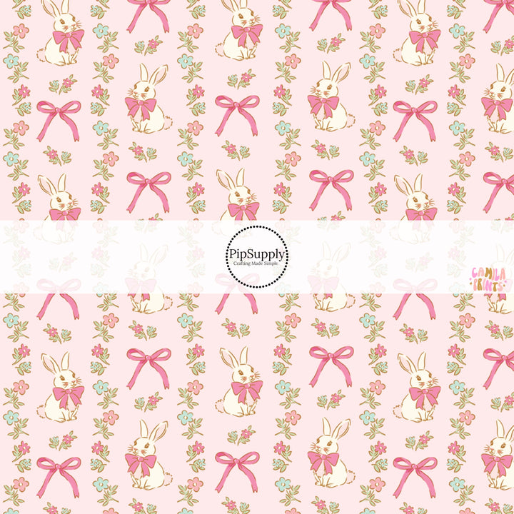 These Easter no sew bow strips can be easily tied and attached to a clip for a finished hair bow. These fun bow strips are great for personal use or to sell. These bow strips feature the following design elements: Easter bunnies, flowers, and bows on pink.