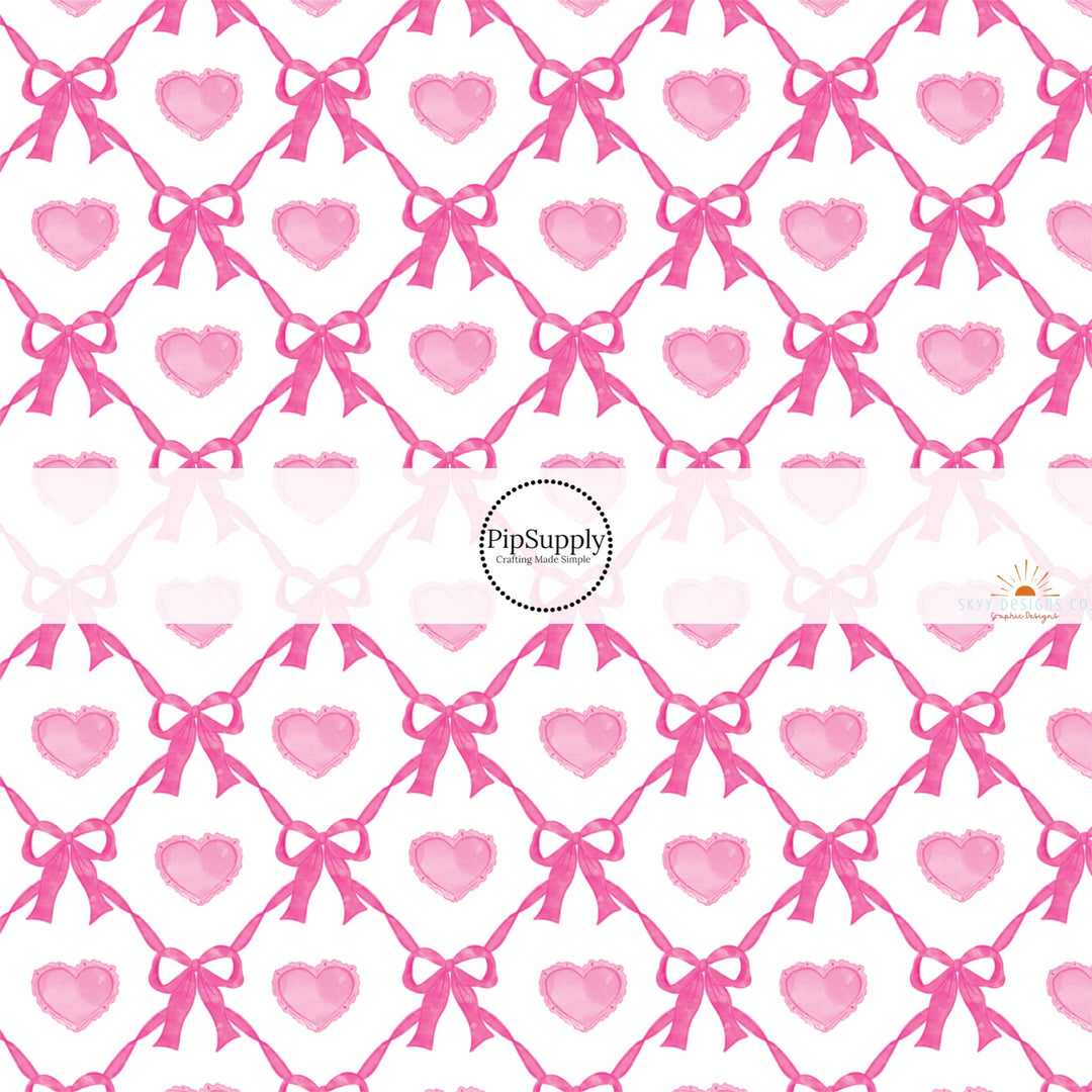 This holiday fabric by the yard features pink hearts between pink bow lattice. This festive pattern fabric can be used for all your sewing and crafting needs!