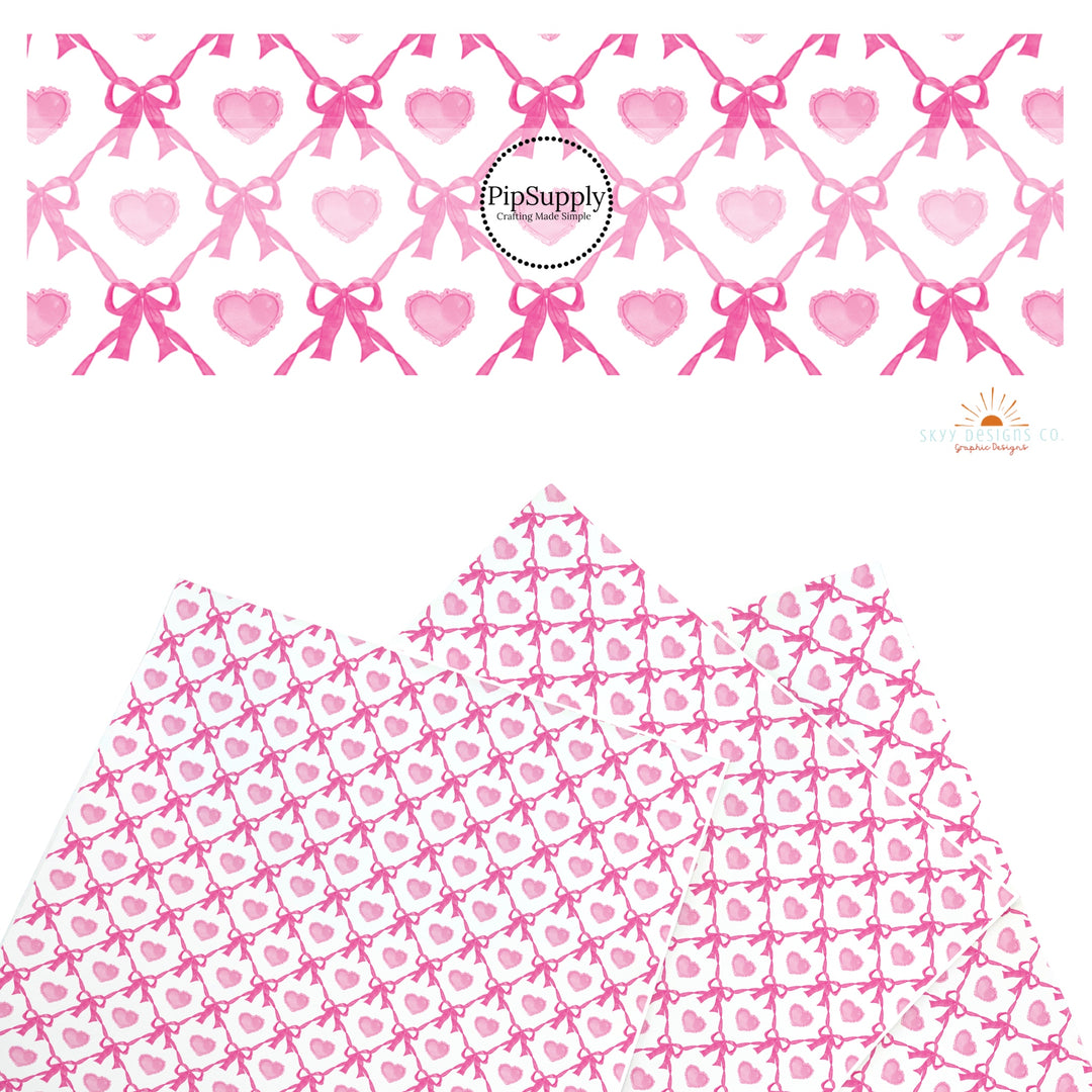 These holiday faux leather sheets contain the following design elements: pink hearts between pink bow lattice. Our CPSIA compliant faux leather sheets or rolls can be used for all types of crafting projects.