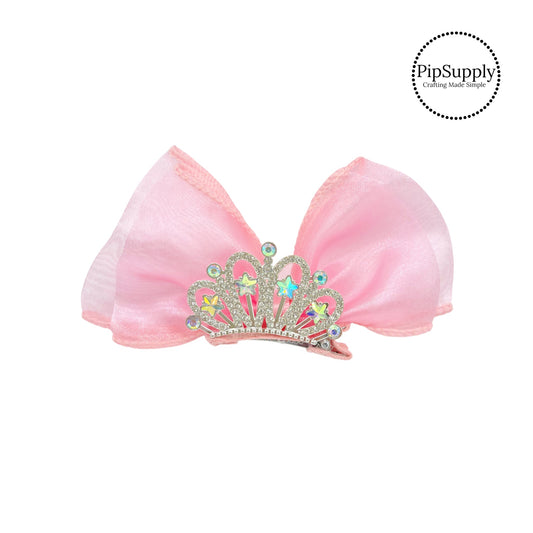 Silver iridescent crown on pink hair bow clip