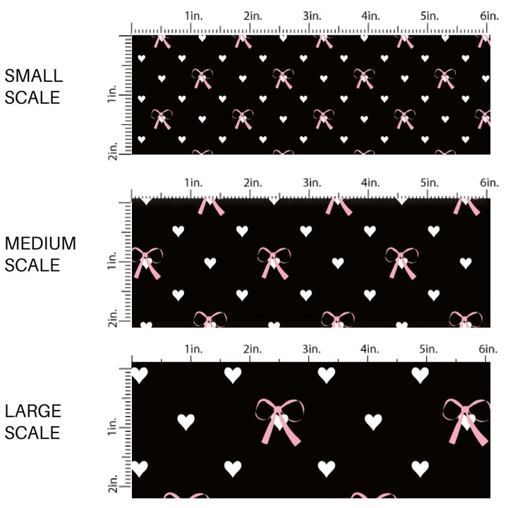 This holiday fabric by the yard features pink bows and white hearts on black. This festive pattern fabric can be used for all your sewing and crafting needs!