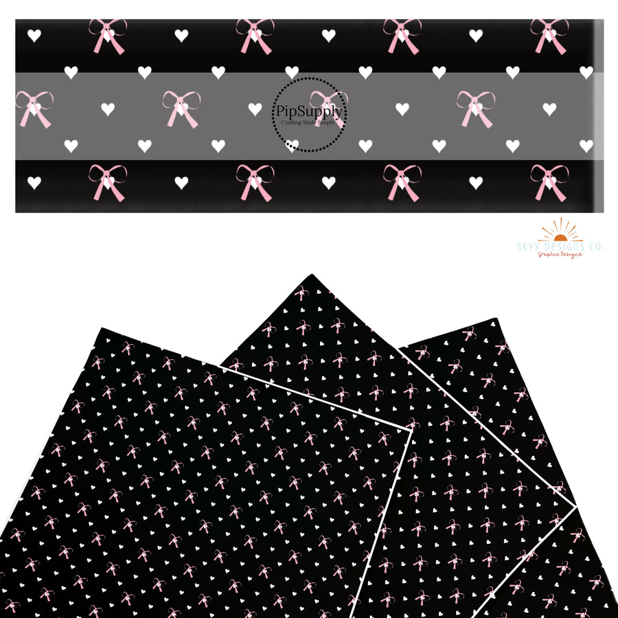 These holiday faux leather sheets contain the following design elements: pink bows and white hearts on black. Our CPSIA compliant faux leather sheets or rolls can be used for all types of crafting projects.