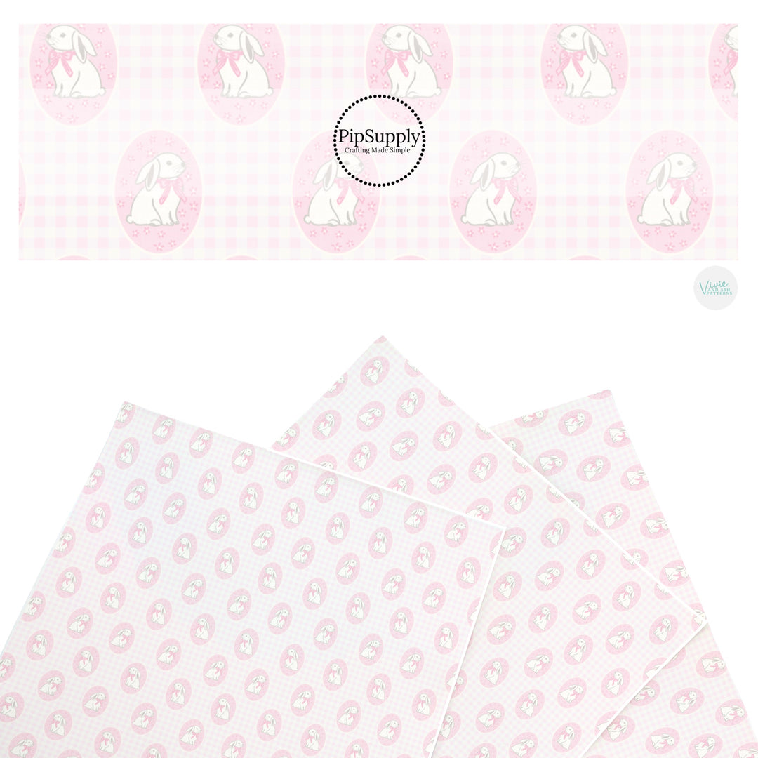 These Easter themed faux leather sheets contain the following design elements: Easter bunnies in pink circles on a light pink plaid pattern. Our CPSIA compliant faux leather sheets or rolls can be used for all types of crafting projects.