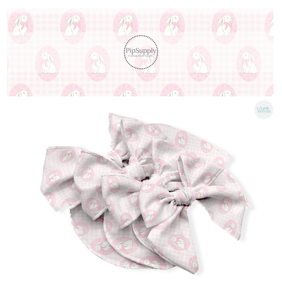 These Easter no sew bow strips can be easily tied and attached to a clip for a finished hair bow. These fun bow strips are great for personal use or to sell. These bow strips feature the following design elements: Easter bunnies in pink circles on a light pink plaid pattern.