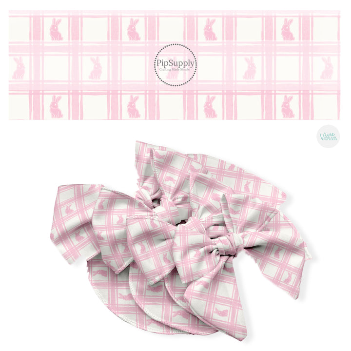 These Easter no sew bow strips can be easily tied and attached to a clip for a finished hair bow. These fun bow strips are great for personal use or to sell. These bow strips feature the following design elements: pink bunnies on a light pink gingham pattern.