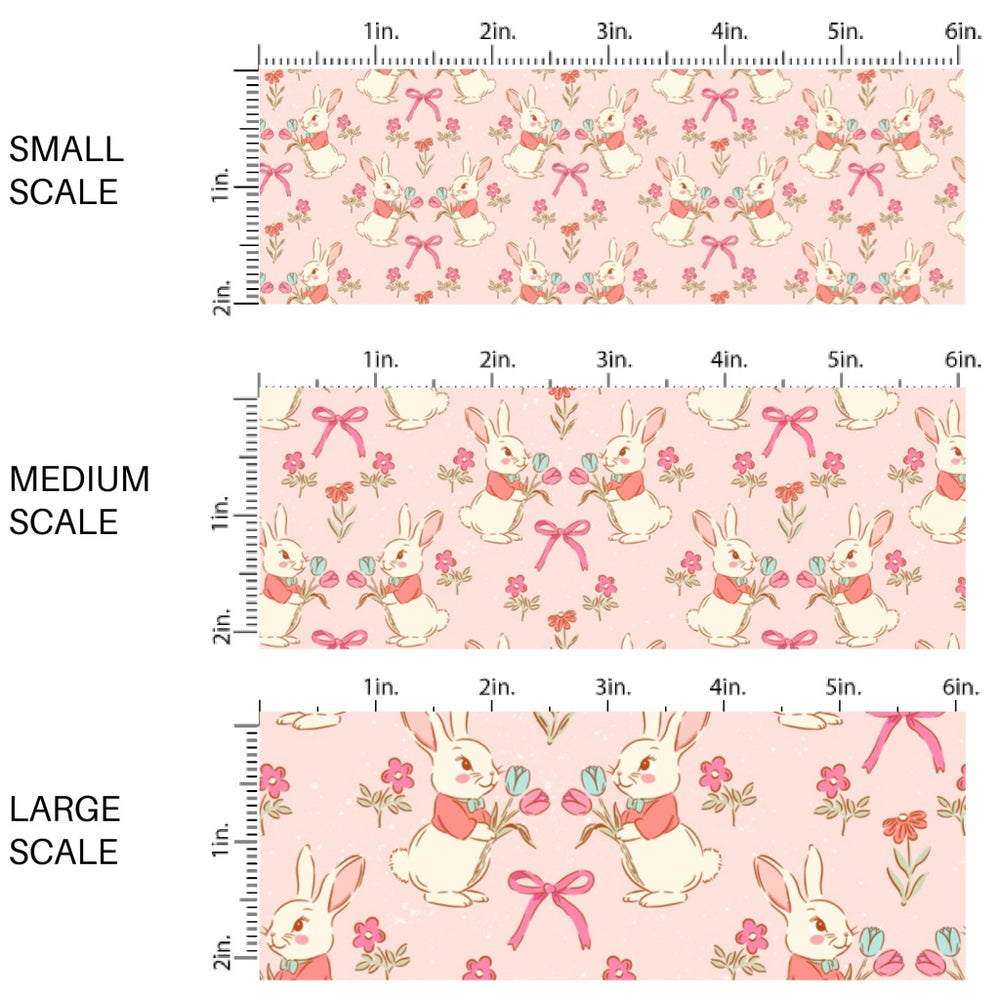 This Easter themed fabric by the yard features Easter bunnies and flowers on pink. This fun pattern fabric can be used for all your sewing and crafting needs!