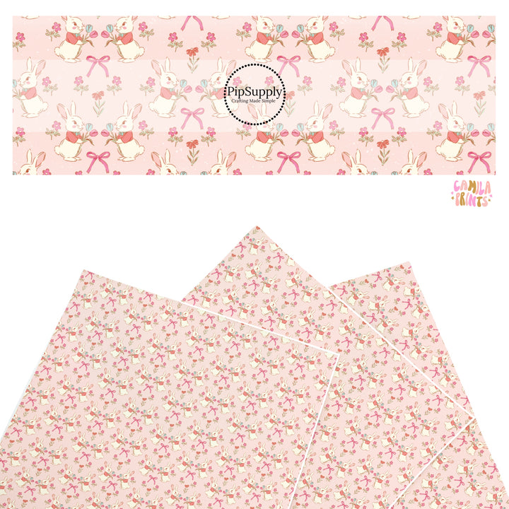 These Easter themed faux leather sheets contain the following design elements: Easter bunnies and flowers on pink. Our CPSIA compliant faux leather sheets or rolls can be used for all types of crafting projects.