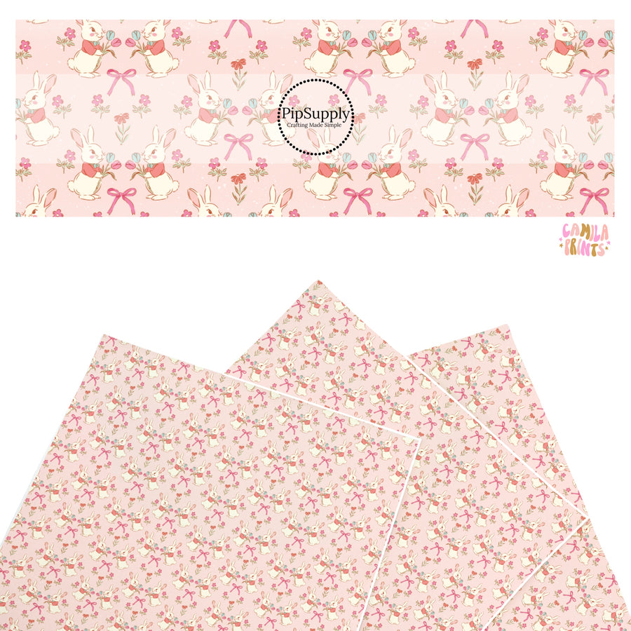 These Easter themed faux leather sheets contain the following design elements: Easter bunnies and flowers on pink. Our CPSIA compliant faux leather sheets or rolls can be used for all types of crafting projects.