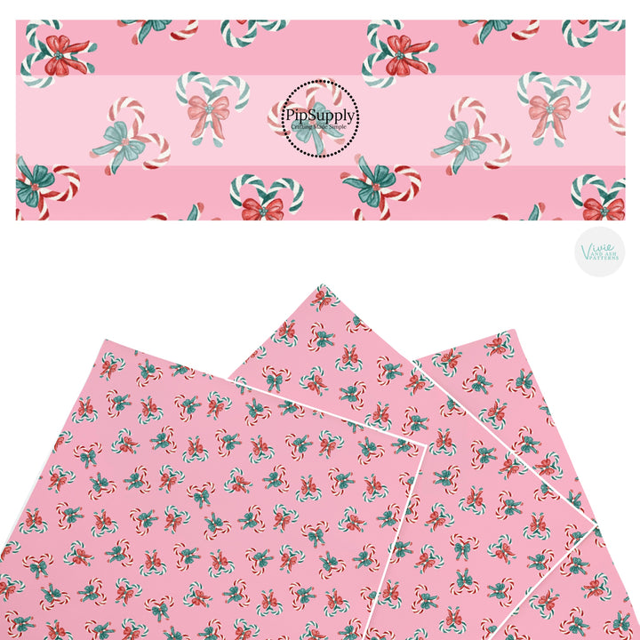 These winter themed pattern faux leather sheets contain the following design elements: candy canes on pink. Our CPSIA compliant faux leather sheets or rolls can be used for all types of crafting projects.