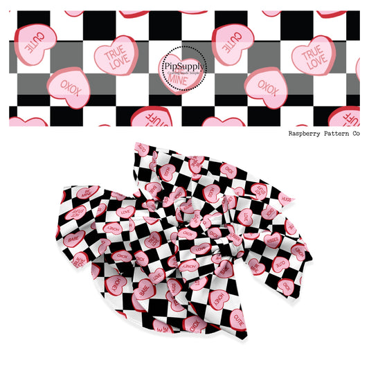 Pink conversation hearts on black and white checkered hair bow strips