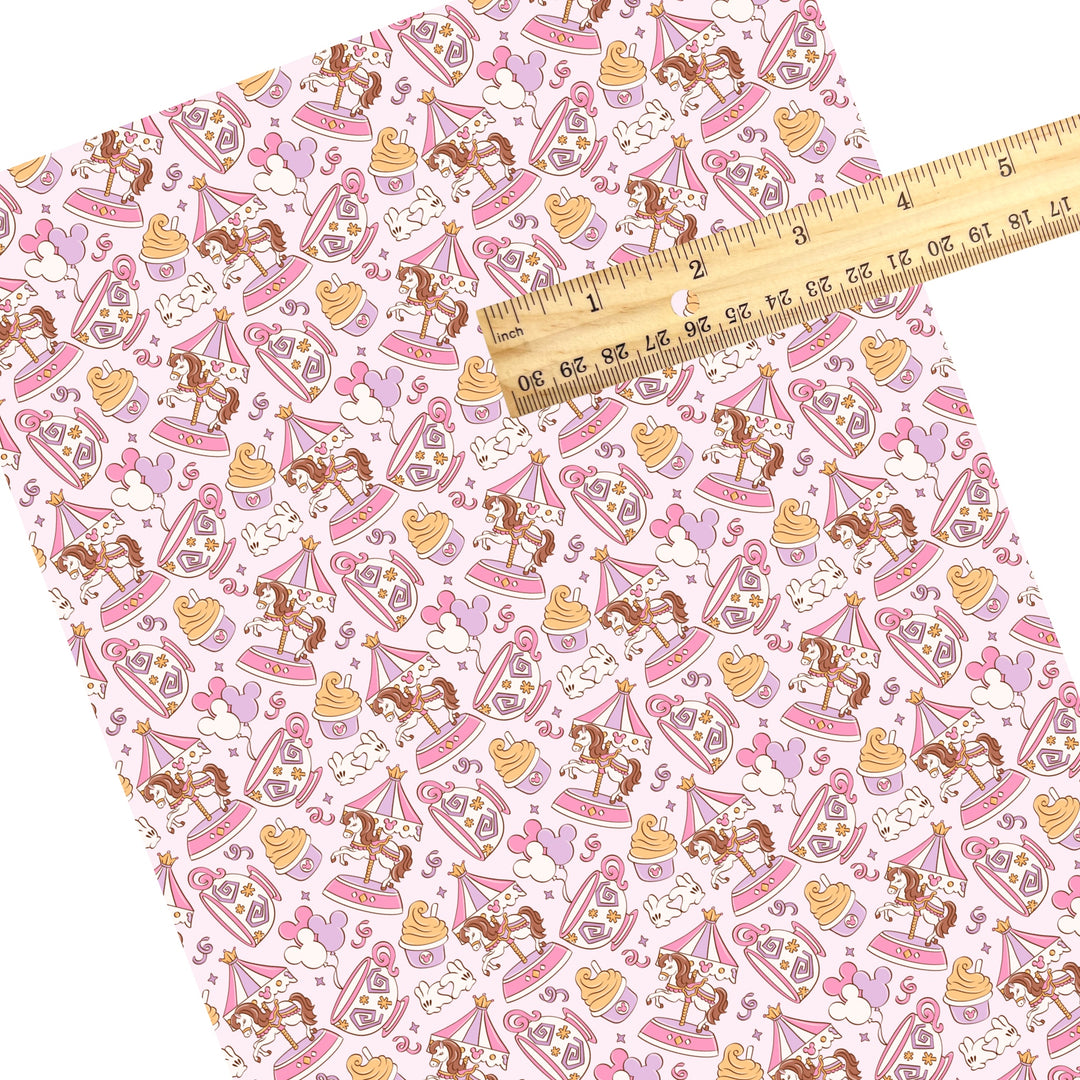 These magical themed faux leather sheets contain the following design elements: park rides and treats. Our CPSIA compliant faux leather sheets or rolls can be used for all types of crafting projects.