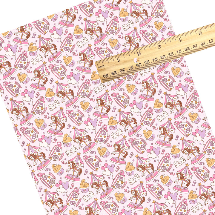 These magical themed faux leather sheets contain the following design elements: park rides and treats. Our CPSIA compliant faux leather sheets or rolls can be used for all types of crafting projects.