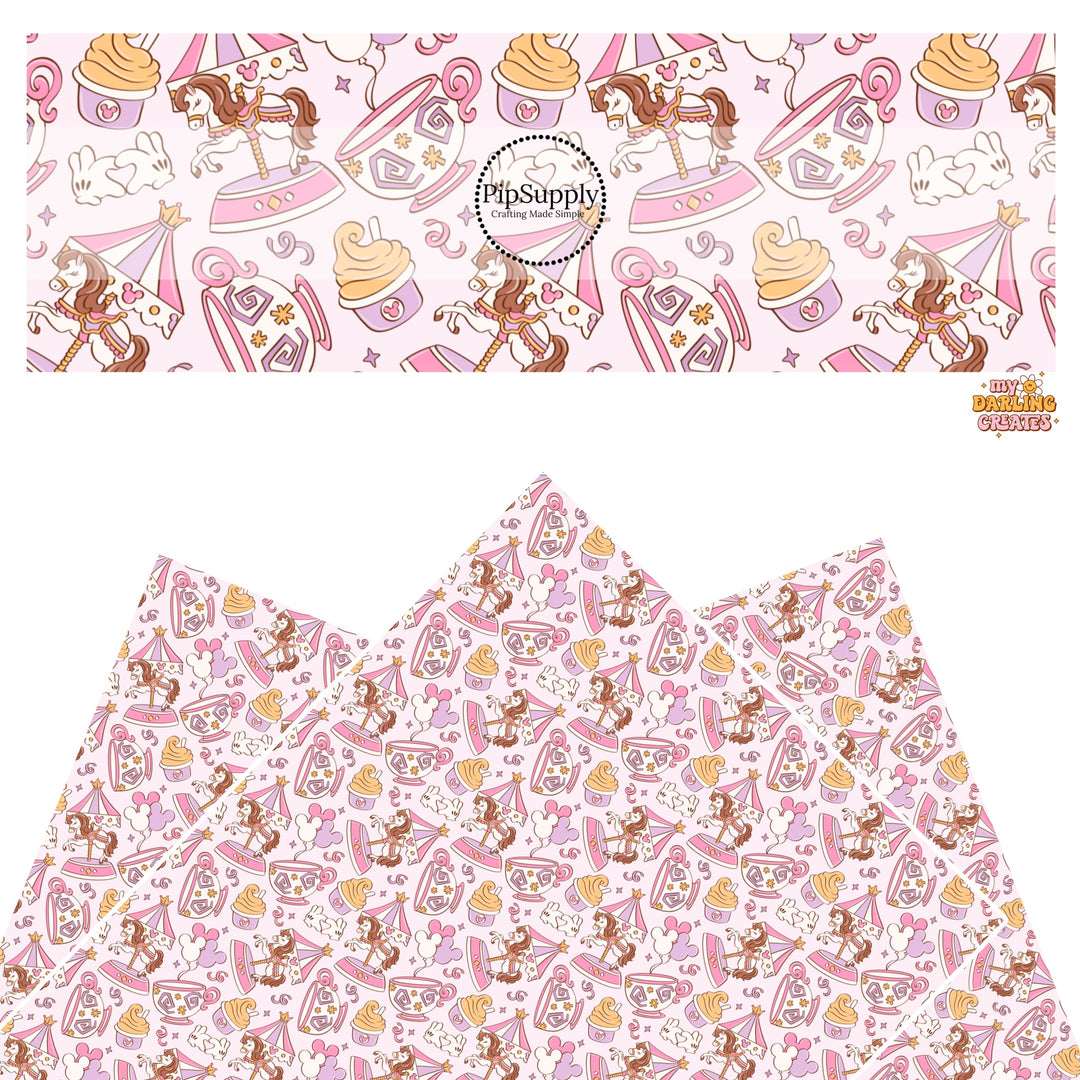 These magical themed faux leather sheets contain the following design elements: park rides and treats. Our CPSIA compliant faux leather sheets or rolls can be used for all types of crafting projects.