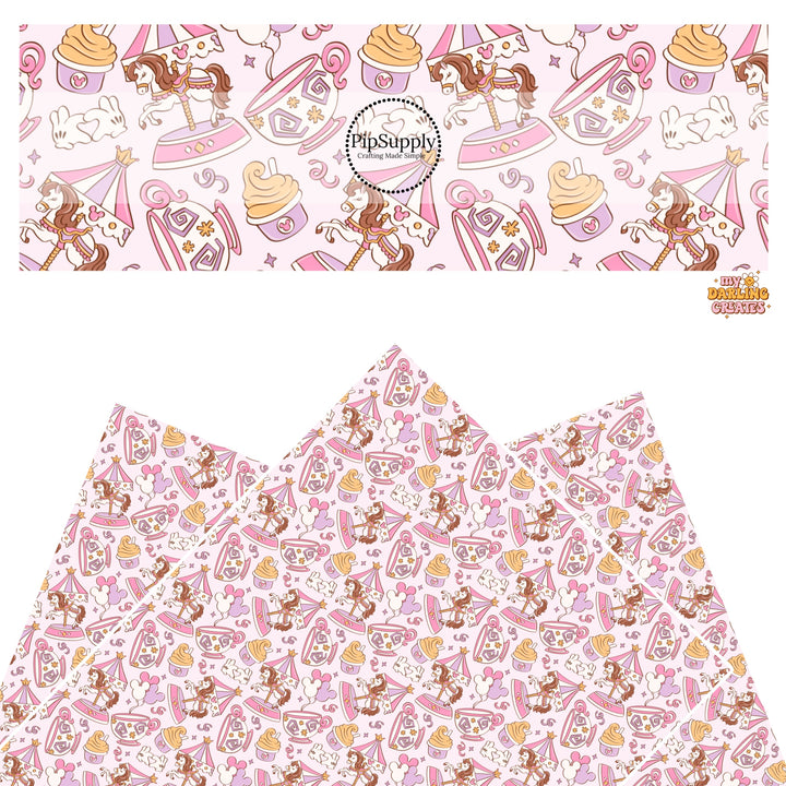 These magical themed faux leather sheets contain the following design elements: park rides and treats. Our CPSIA compliant faux leather sheets or rolls can be used for all types of crafting projects.