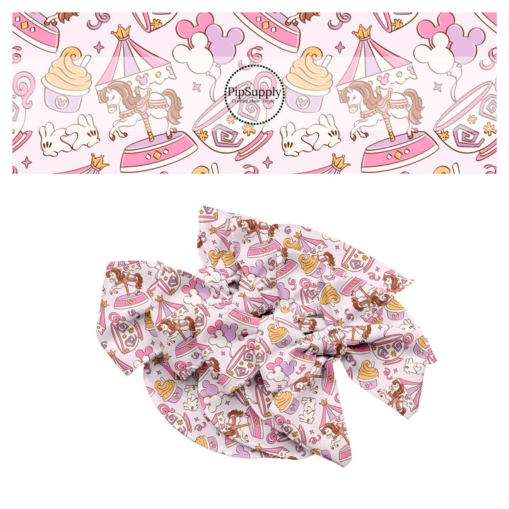 These magical themed no sew bow strips can be easily tied and attached to a clip for a finished hair bow. These bow strips are great for personal use or to sell. These bow strips feature the following design elements: park rides and treats.