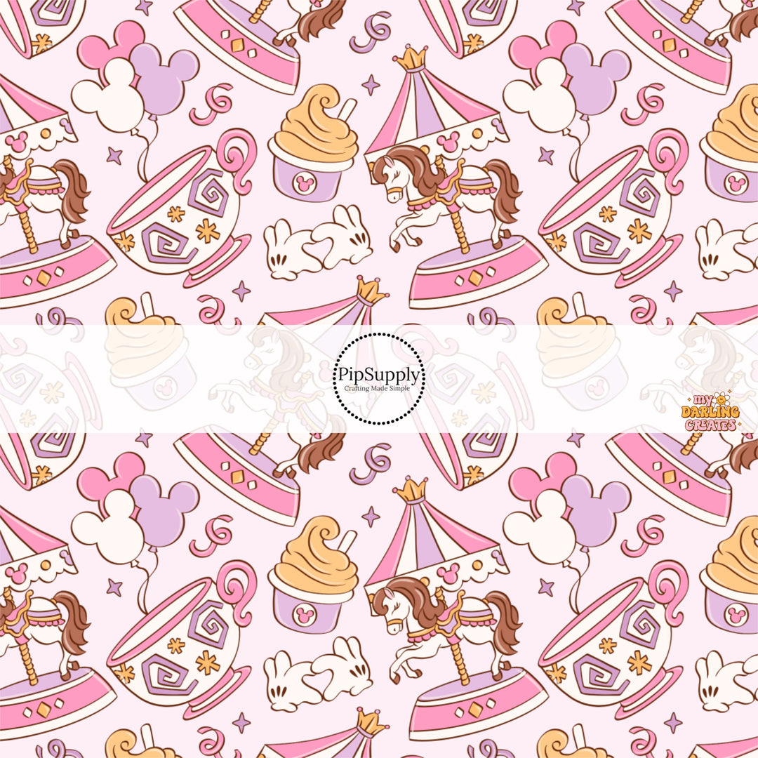 These magical themed no sew bow strips can be easily tied and attached to a clip for a finished hair bow. These bow strips are great for personal use or to sell. These bow strips feature the following design elements: park rides and treats.