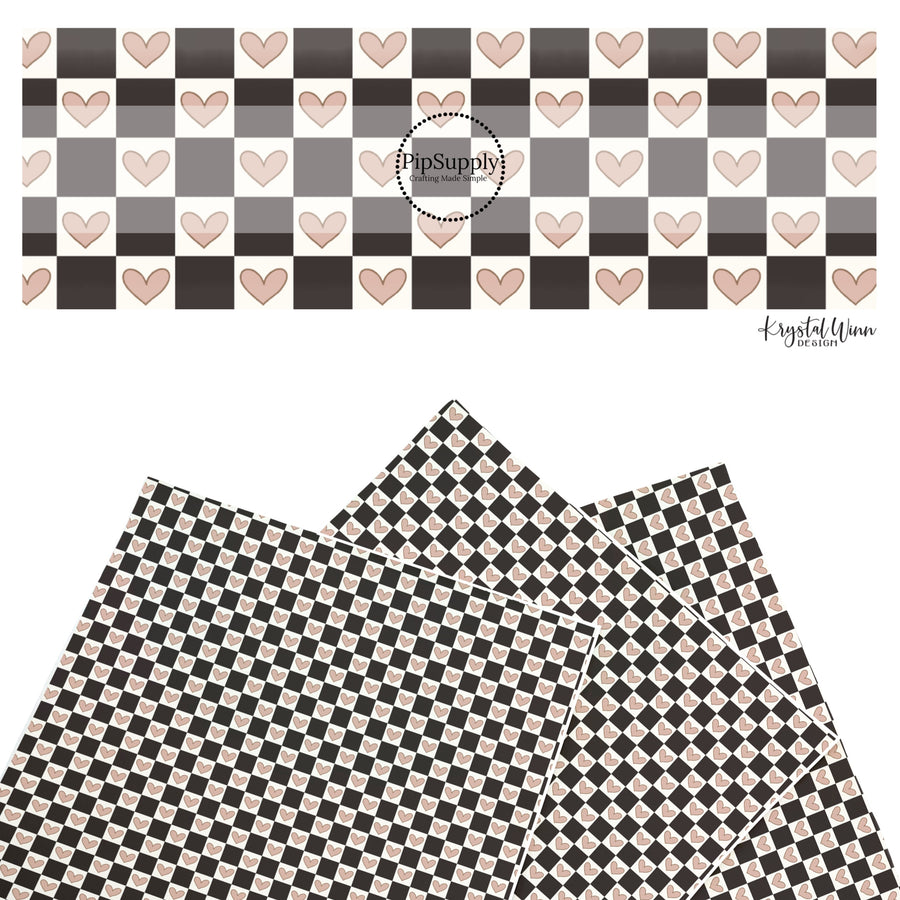 These Valentine's Day themed faux leather sheets contain the following design elements: black checker pattern with light pink hearts. Our CPSIA compliant faux leather sheets or rolls can be used for all types of crafting projects.