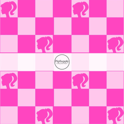 Hot pink and light pink checker with girl silhouette bow strips