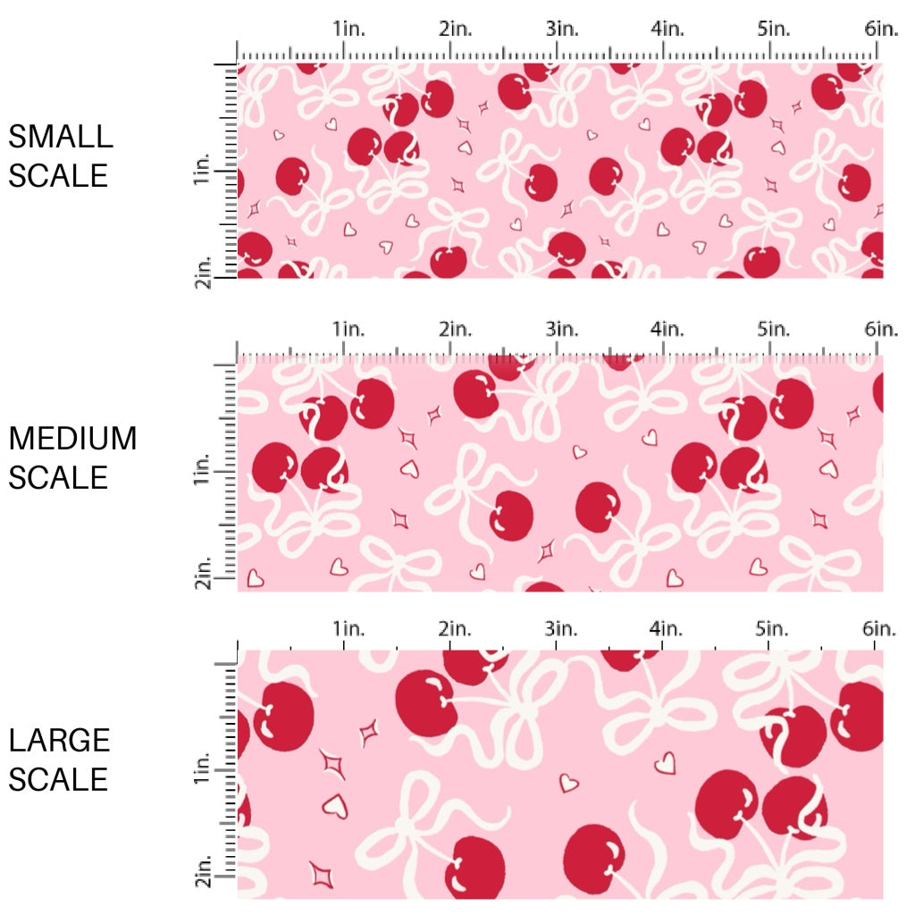 This holiday fabric by the yard features Valentine cherry bows. This festive pattern fabric can be used for all your sewing and crafting needs!